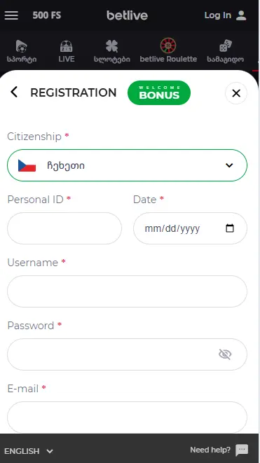 BetLive Casino – registrační formulář pro nové hráče